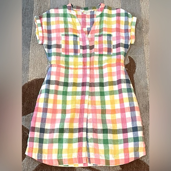 Boden Short Sleeve Evie Linen Shirt Mini Dress in Iguana Party Pink Gingham - Picture 2 of 8